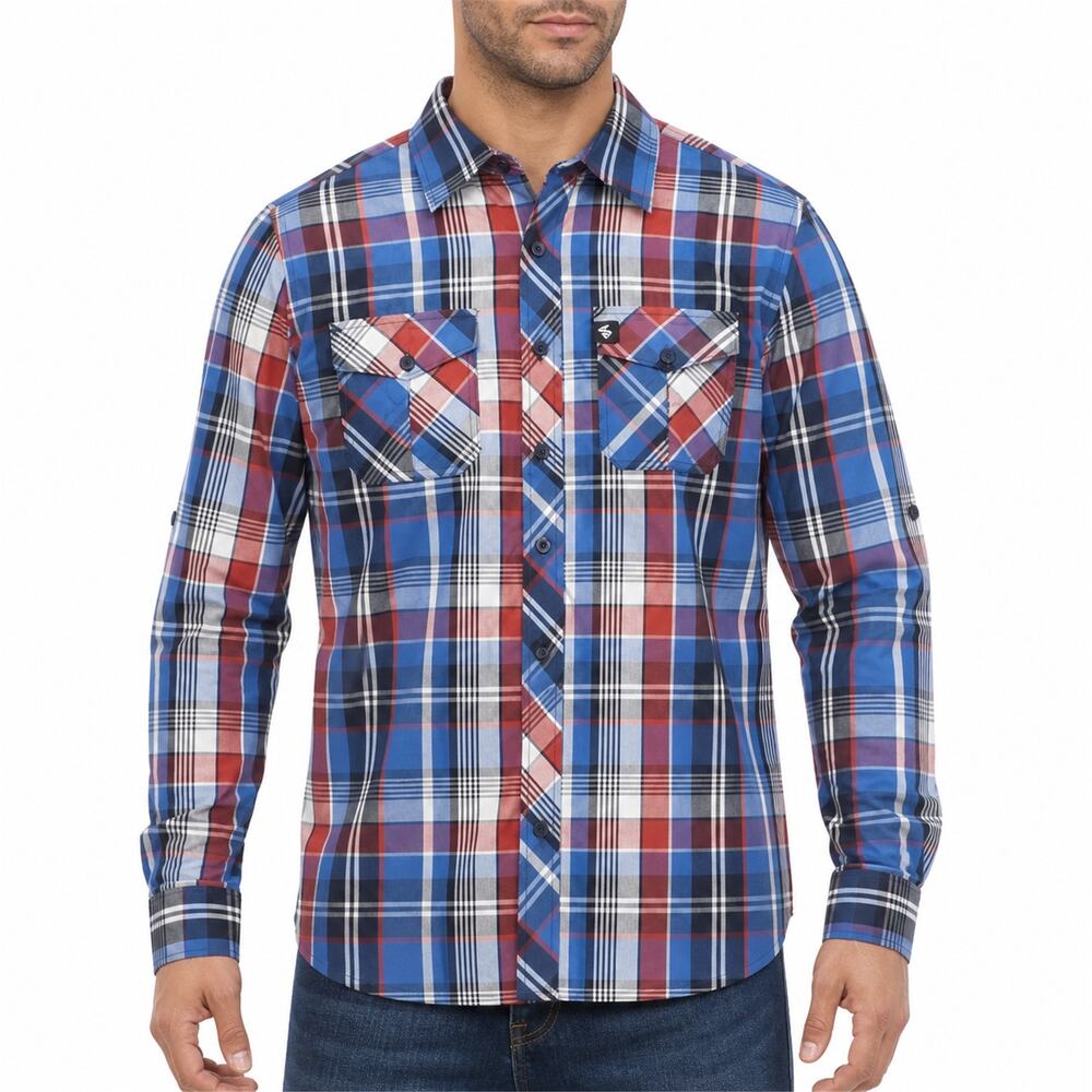 Southpole Shirt Mens Medium Blue Red Plaid Cotton Pockets Classic Button-Up